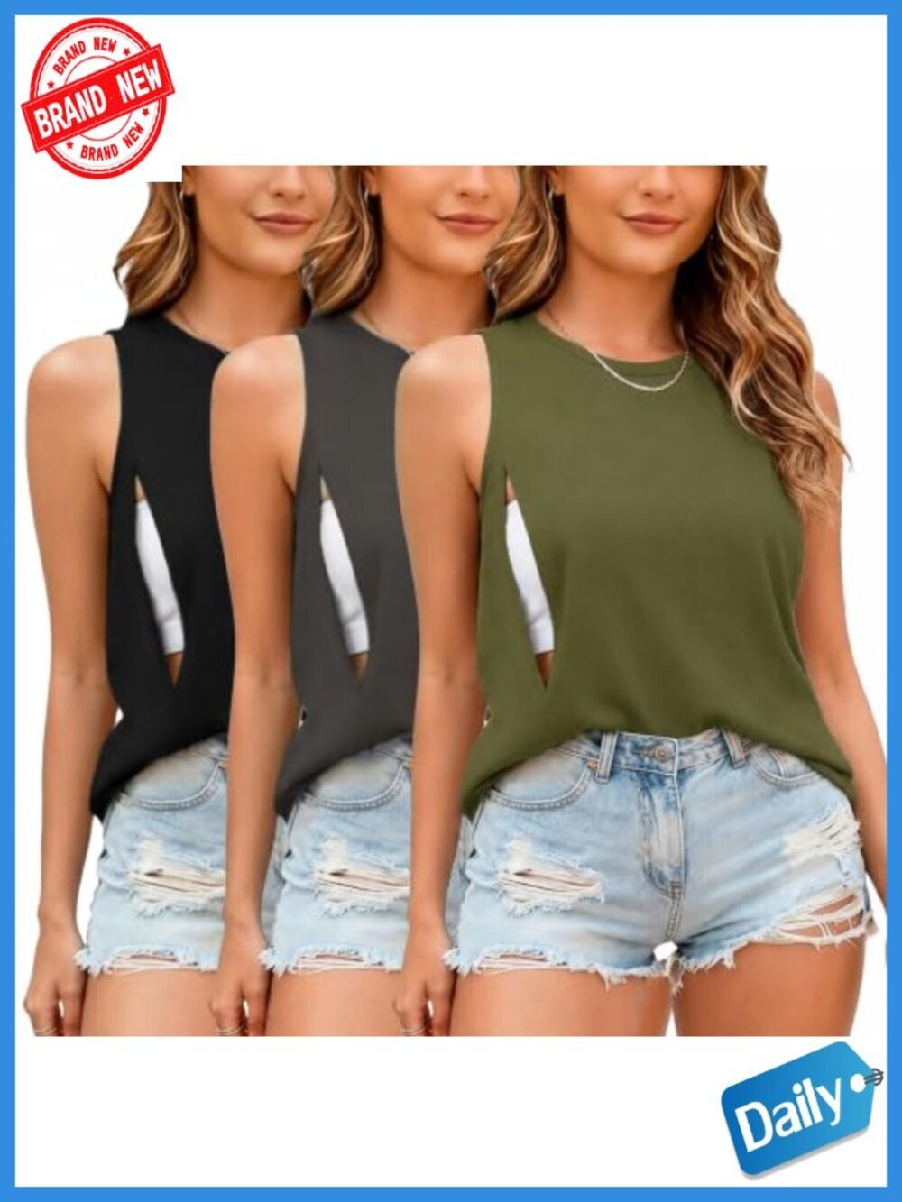 Nursing Tank Tops 3-Pack Hidden Zippers Breastfeeding Sleeveless Maternity